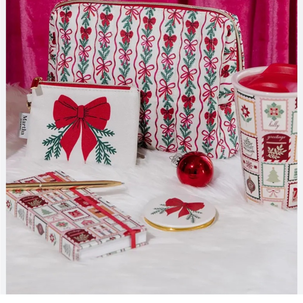 Martha Stewart holiday bow stripe cosmetic pouch, mirror, ID wristlet